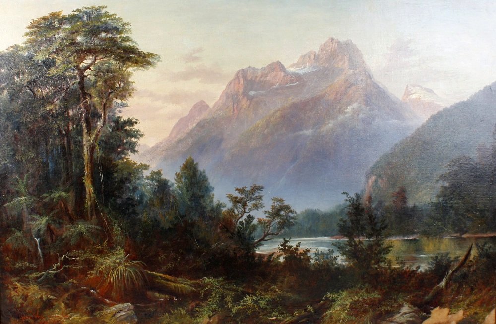 New Zealand interest:: New Zealand interest:Laurence William Wilson, (c.1850-c.1912)'Mount Wick, Poseidon River, Milford Sound'Oil on canvas, entitled lower leftTraces of original signature and date [18]87 lower right23.5" 
