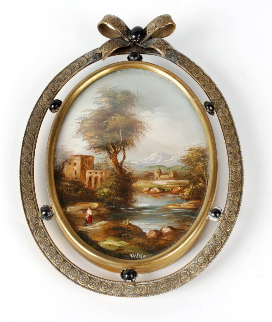 A late Victorian/Edwardian oval oil painting: A late Victorian/Edwardian oval oil painting, depicting a classical style Italianate capriccio, with figure before a river and buildings, signed 'Wilkes', 4.5" x 3.25" (11.5cm x 8cm), within ribbon he