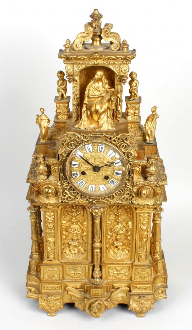 A good 19th century French ormolu mantel clock: A good 19th century French ormolu mantel clock with silk suspension. Pons, circa 1830, with 3" cellular Roman dial, the outside countwheel-striking movement numbered 5357 and with Exposition stamp, th