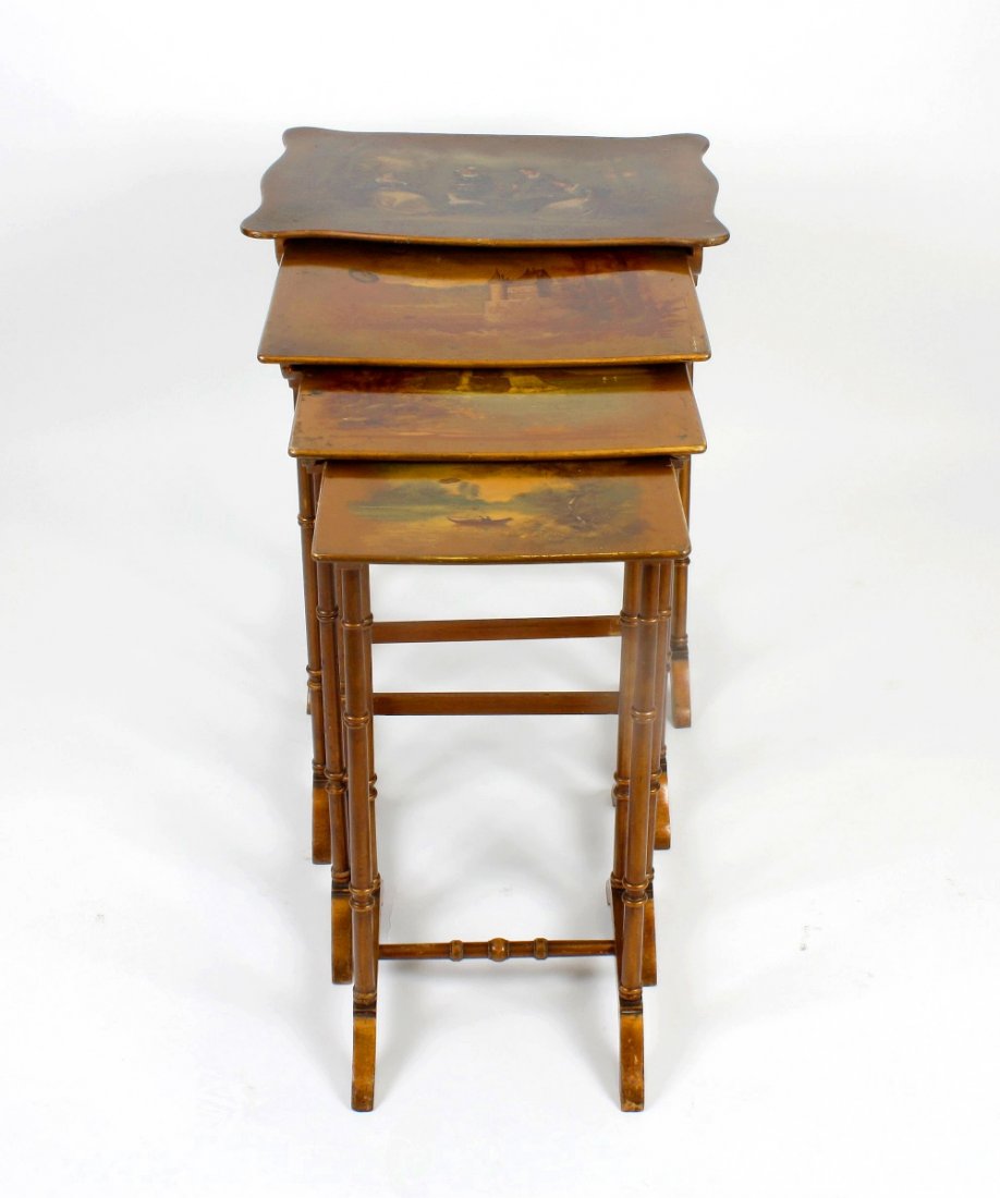 A group of four 'Vernis Martin' lacquered occasional: A group of four 'Vernis Martin' lacquered occasional tables, the largest of serpentine form, decorated with four figures in a woodland clearing with lamb and cat, the others rectangular and painted wi