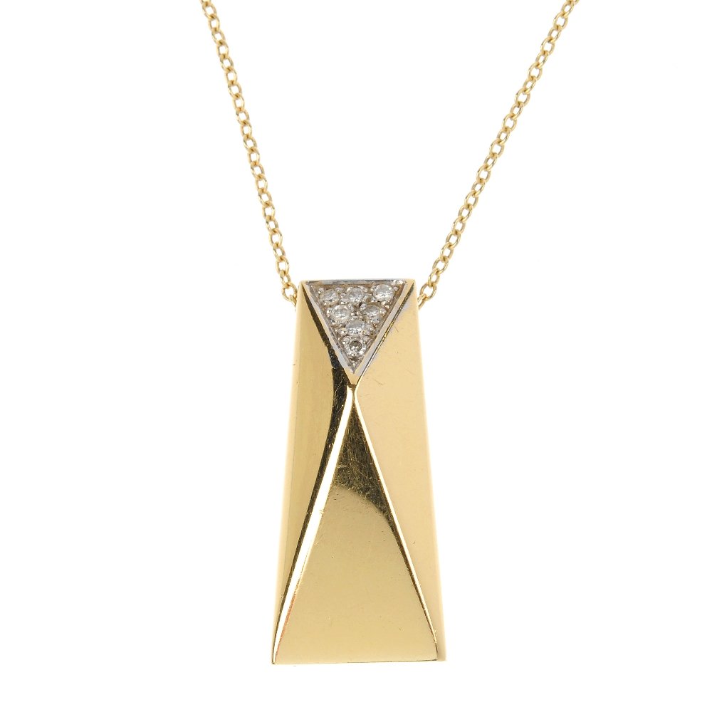 VERSACE - an 18ct gold diamond pendant.: VERSACE - an 18ct gold diamond pendant. Designed as a tapered asymmetrical pyramid, with brilliant-cut diamond triangular-shape accent, suspended from a trace-link chain. Signed Versace. Estimated tot