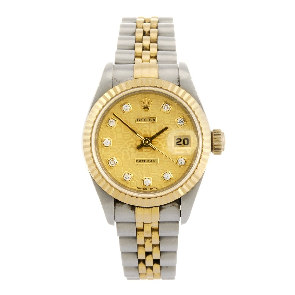 (107215070) A bi-metal automatic lady's Rolex Datejust: (107215070) ROLEX - a bi-metal automatic lady's Oyster Perpetual Datejust bracelet watch circa 1998, the champagne tone Jubilee bracelet with hourly applied diamond dot markers, date aperture set to t