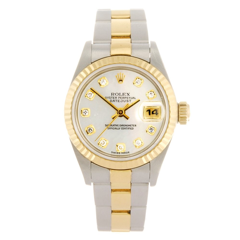 (120153929) A bi-metal automatic lady's Rolex Datejust: (120153929) ROLEX - a bi-metal automatic lady's Datejust bracelet watch circa 1997, the mother-of-pearl dial with hourly applied diamond dot markers, date aperture set to three o'clock, fluted bezel,