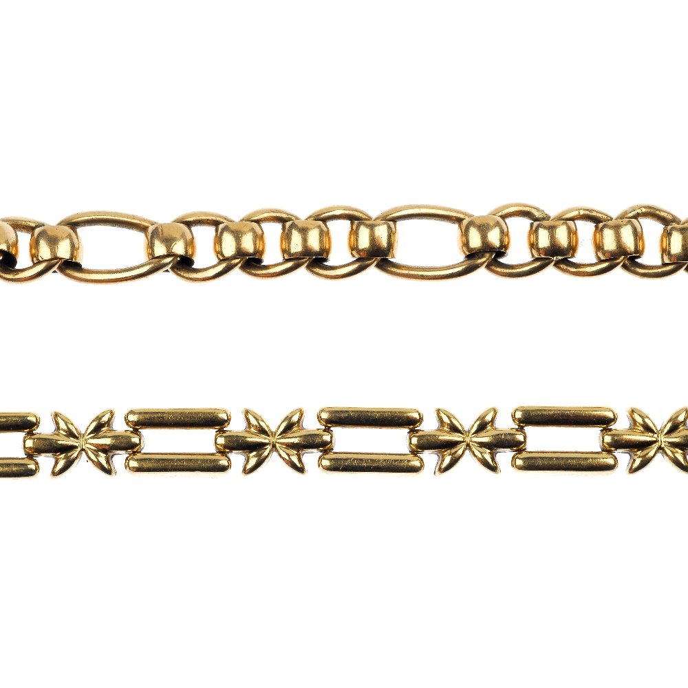 (7346) Two 9ct gold fancy-link bracelets.: (7346) Two 9ct gold fancy-link bracelets. Hallmarks for London or London import. Lengths 19.5 and 21cms. Weight 29.1gms.
