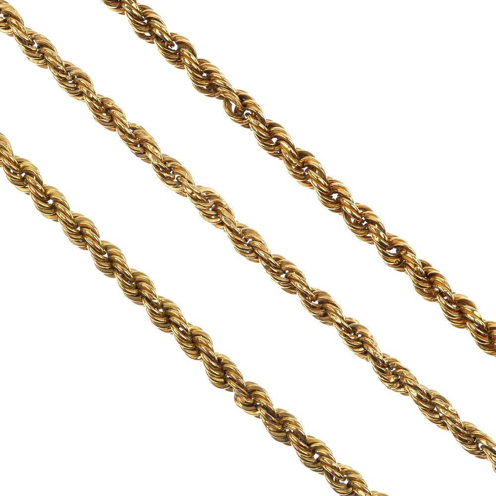 (8237) A selection of four chains.: (8237) A selection of four chains. To include a 9ct gold curb-link bracelet, two 9ct gold twist-link bracelets together with a twist-link necklace. AF. Hallmarks for Sheffield or Birmingham. Lengths 1