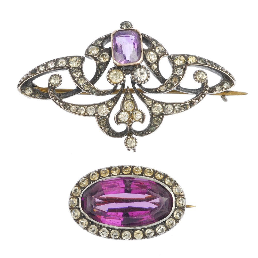 A selection of early to mid 20th century paste and: A selection of early to mid 20th century paste and gem-set jewellery, to include a purple and colourless paste cluster brooch, an amethyst and colourless paste openwork brooch, an oval-shape amethyst