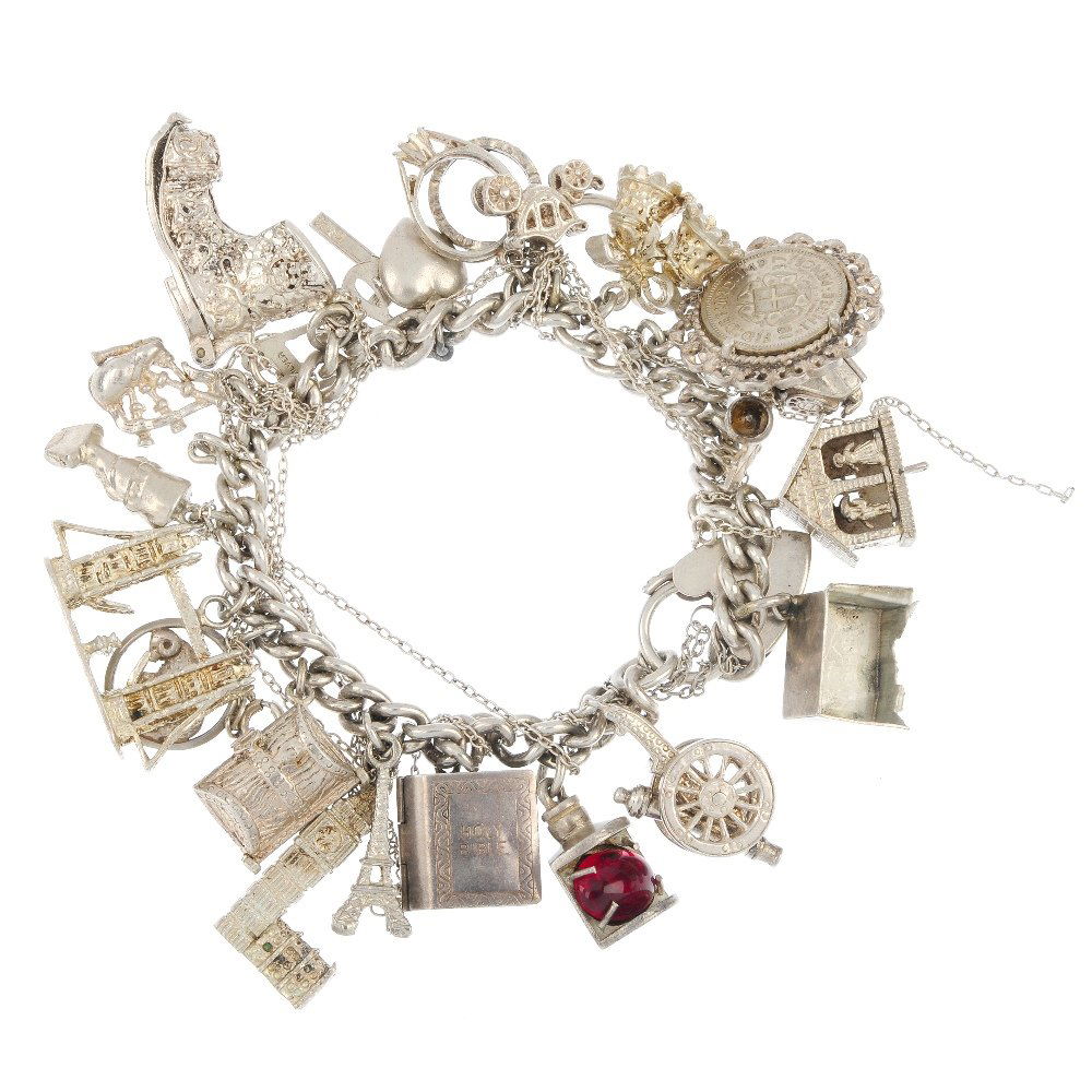 Four charm bracelets.: Four silver and white metal charm bracelets, the curb-link and double curb-link bracelets suspending fifty-nine charms, to include a canon and a treasure chest, one with a heart padlock clasp. Some wi