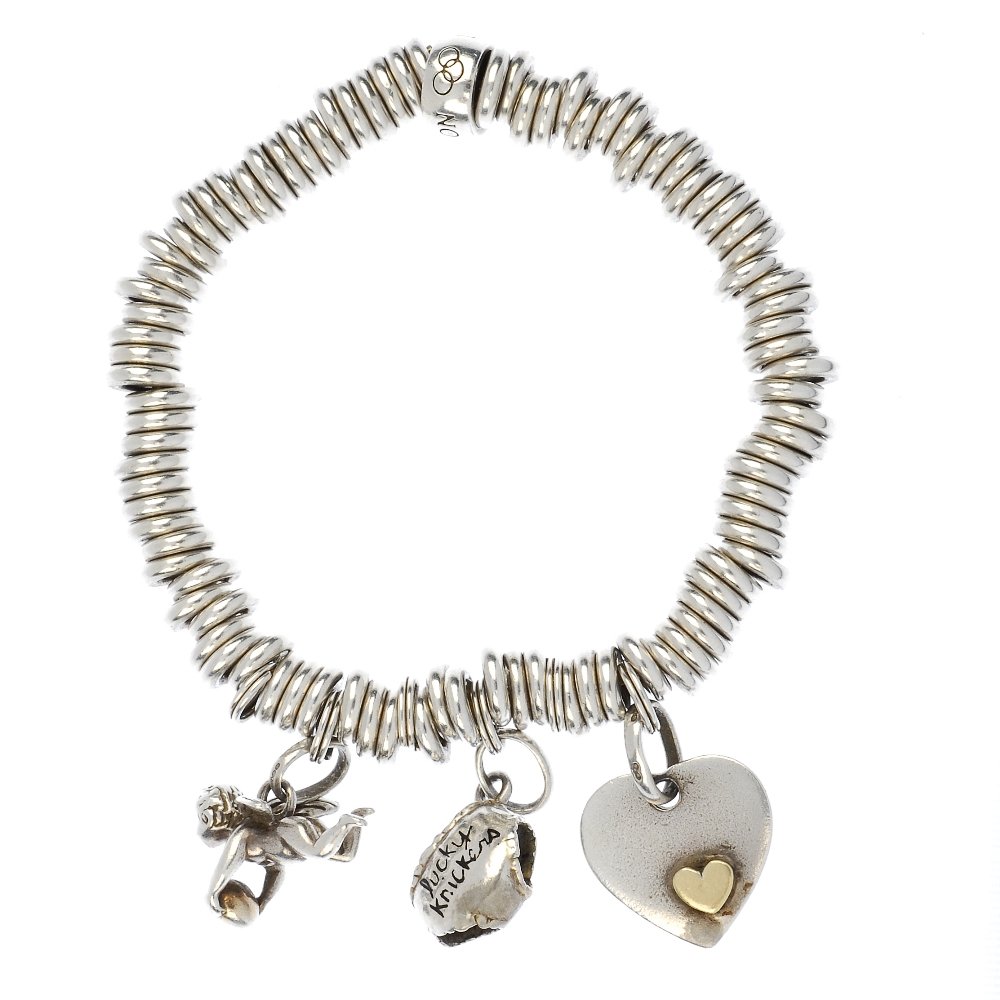 LINKS OF LONDON - two silver 'Sweetie' bracelets.: LINKS OF LONDON - two silver 'Sweetie' bracelets, with various suspended charms, to include a paste set heart, a cupid and a heart-shape disc. One charm non designer. Maker's marks for Links of London
