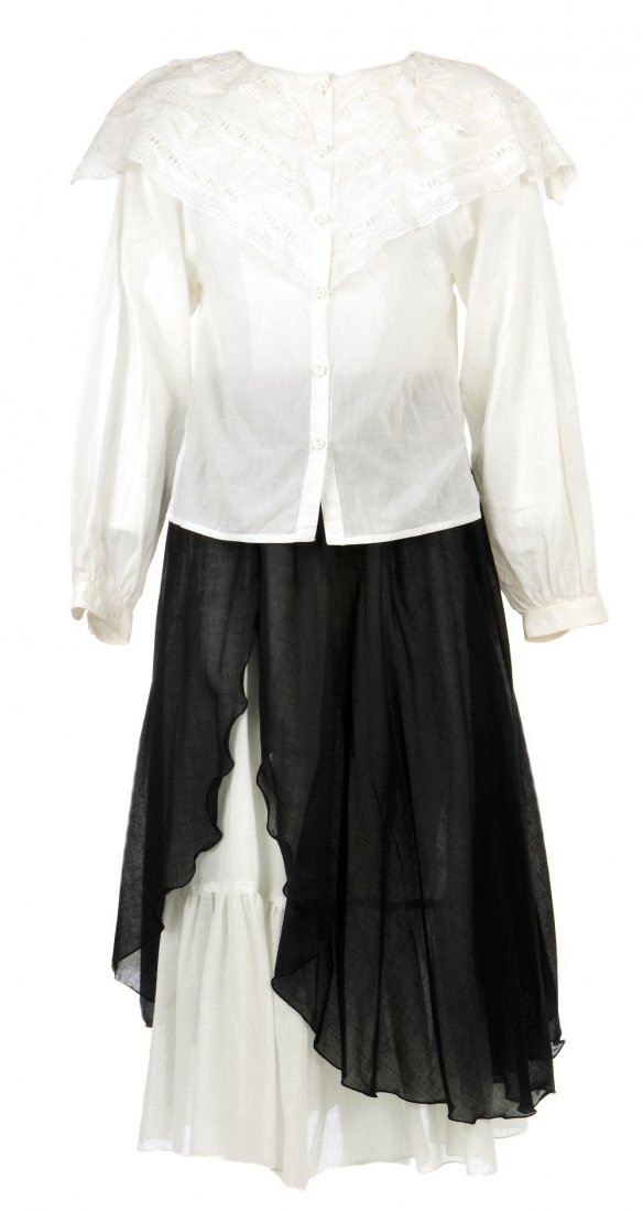 Roland Klein outfit, three designer skirts, five shirts: A Roland Klein white blouse with broderie anglaise detailed collar, full length skirt with black chiffon overlay, a silk black skirt with elasticated waist, two Cacharel pleated full-length skirts, to