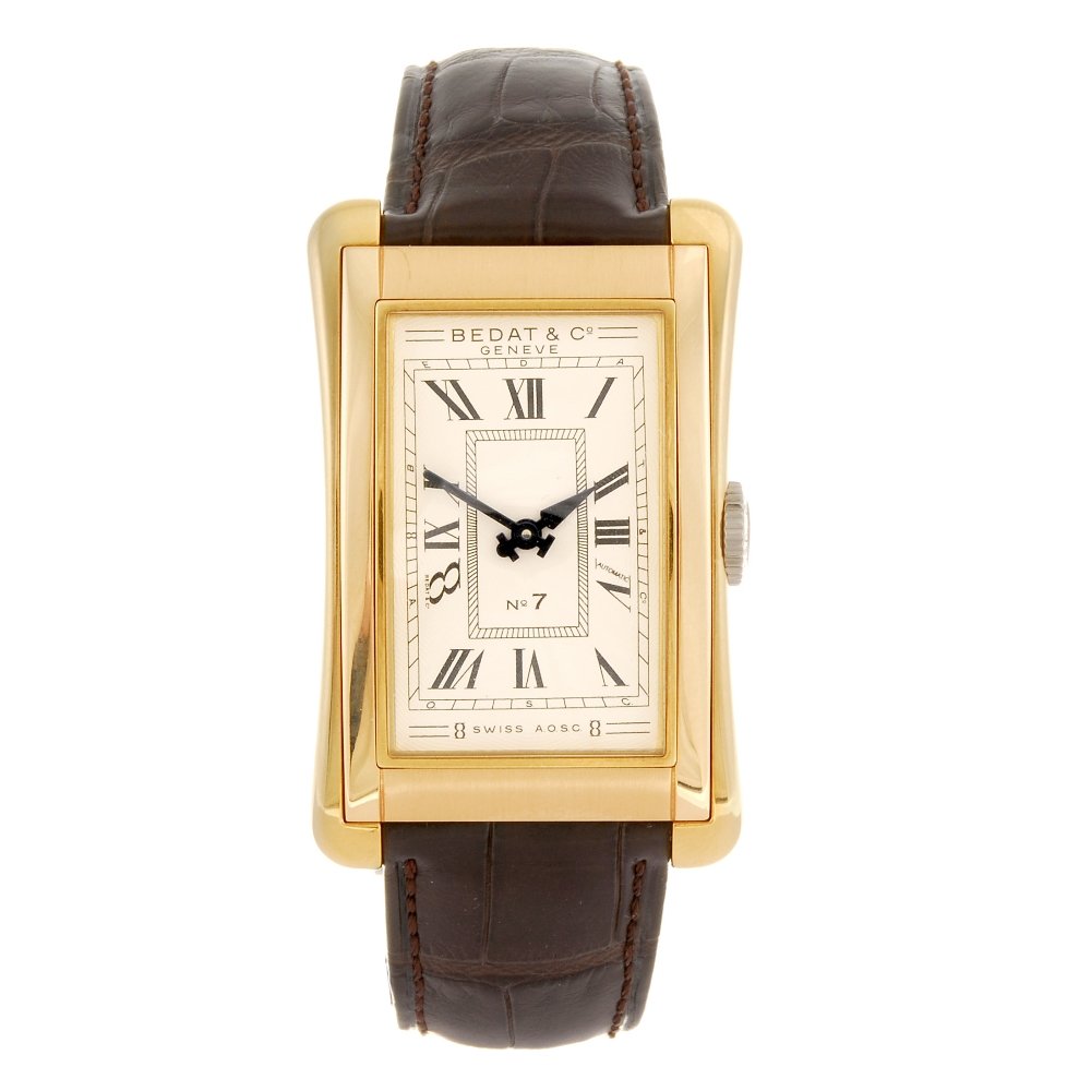 (116197293) An 18k gold automatic gentleman's Bedat &: (116197293) An 18k gold automatic gentleman's Bedat & Co NÂ°7 wrist watch, the silvered dial with hourly applied black Roman numerals, Arabic eight, H shaped case with an 18k white gold case back, n