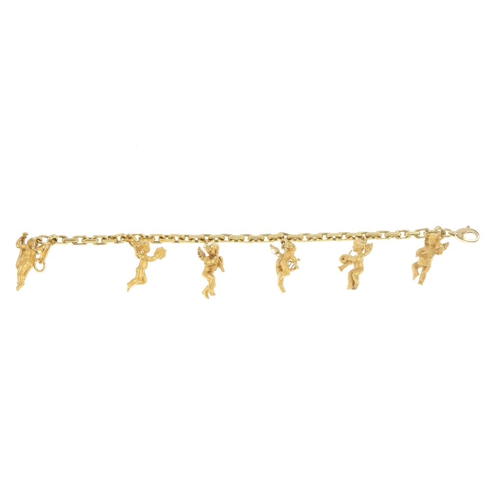 CARRERA Y CARRERA - an 18ct gold putto bracelet.: CARRERA Y CARRERA - an 18ct gold putto bracelet. Comprising a series of six male putto musicians, playing various instruments, suspended from a trace-link chain, with lobster-claw clasp. Signed and nu