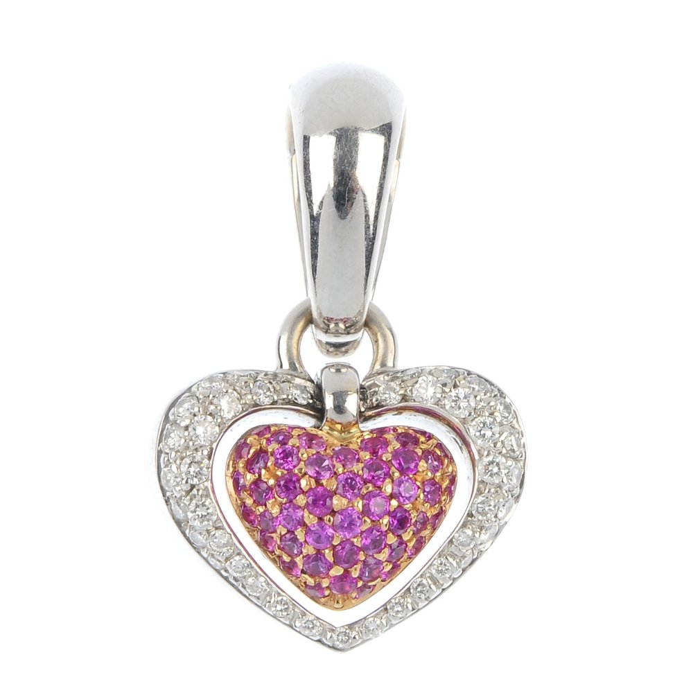 CHIMENTO - a diamond and sapphire pendant.: CHIMENTO - a diamond and sapphire pendant. Designed as a bi-colour stylised heart, pave-set with brilliant-cut diamonds, and circular-shape pink sapphire. Signed Chimento. Estimated total diamond weig