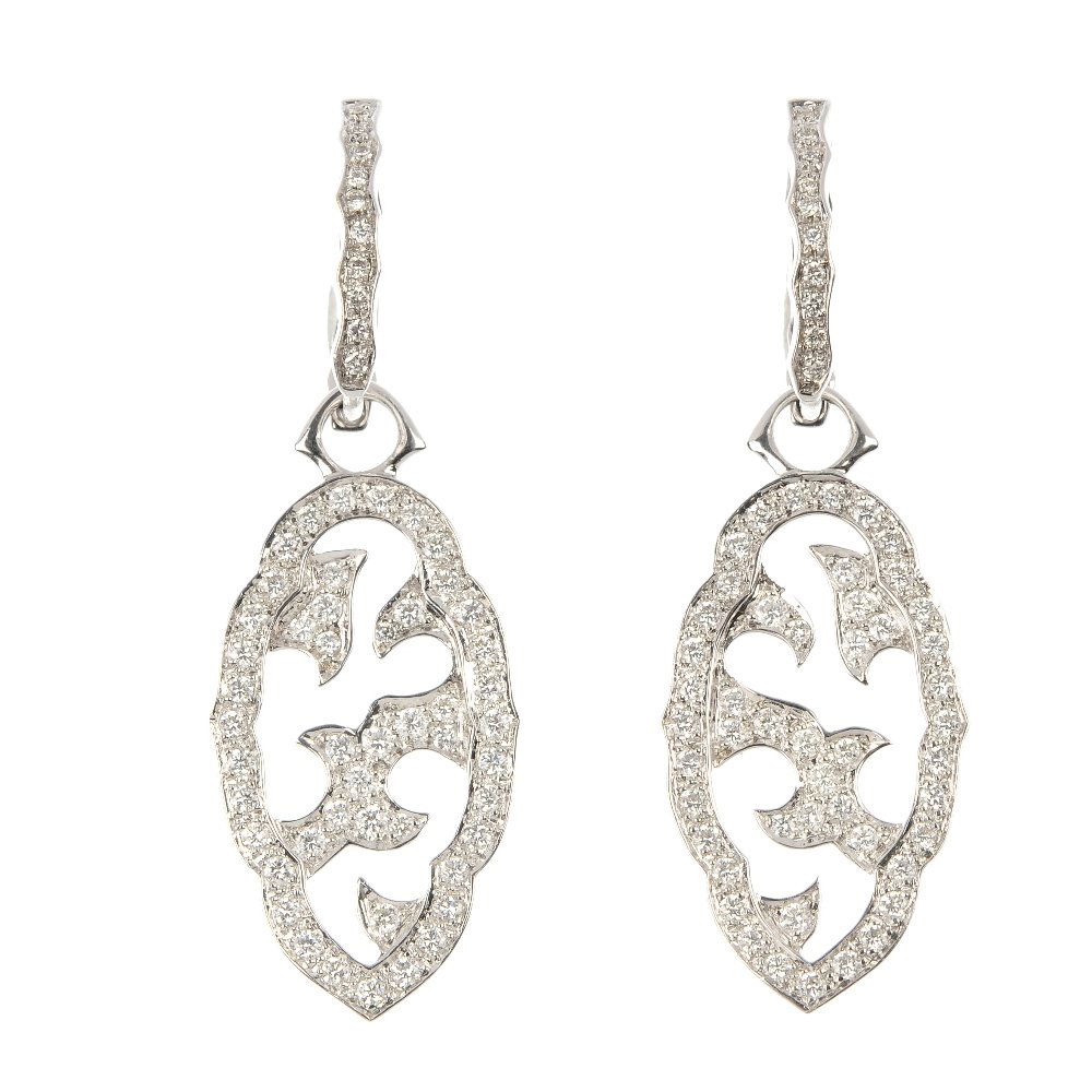 STEPHEN WEBSTER - a pair of 18ct gold diamond 'Borneo': STEPHEN WEBSTER - a pair of 18ct gold diamond 'Borneo' ear pendants. Of openwork design, each cartouche-shape panel set throughout with brilliant-cut diamonds, suspended from a similarly-set removable