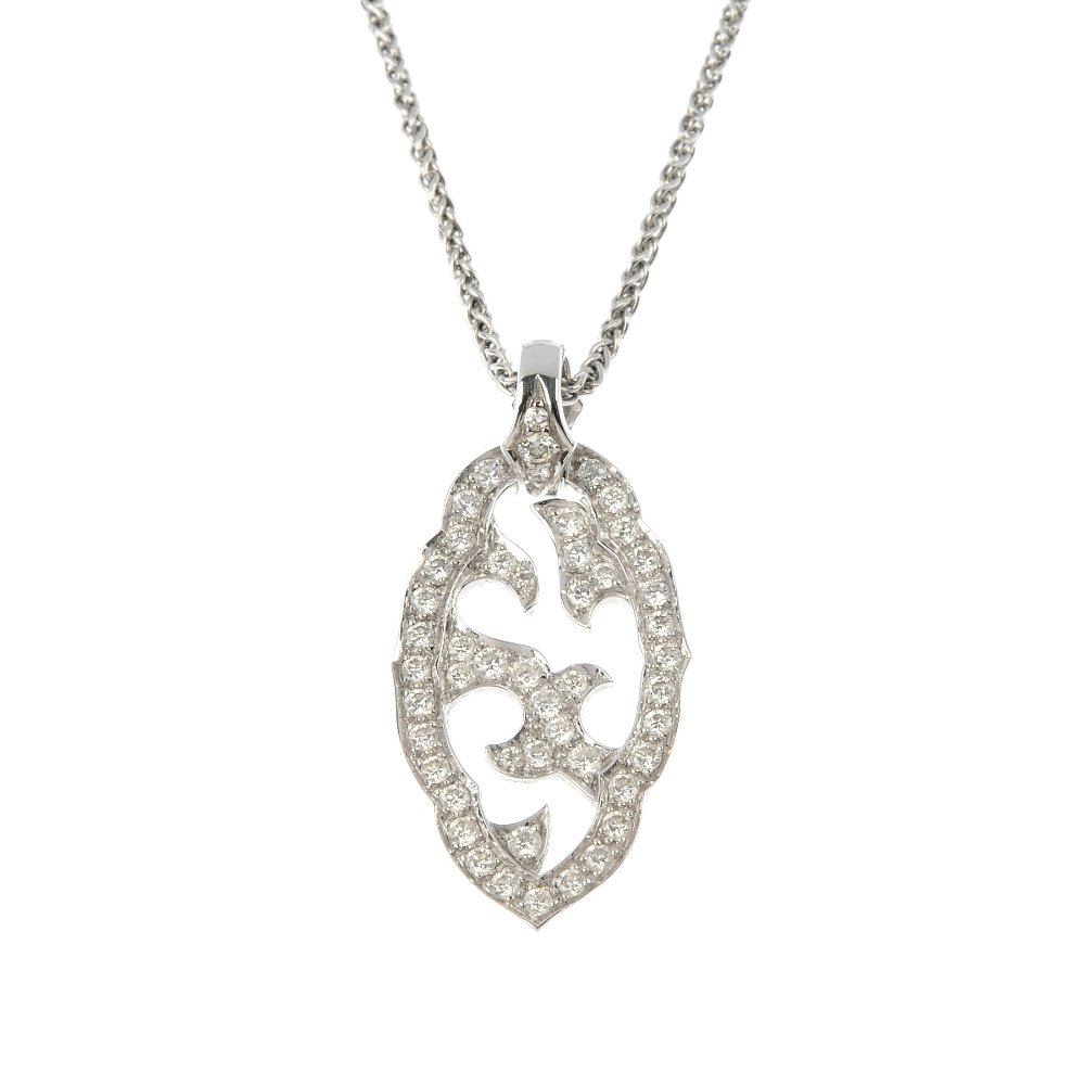 STEPHEN WEBSTER - an 18ct gold diamond 'Borneo': STEPHEN WEBSTER - an 18ct gold diamond 'Borneo' pendant. Of openwork design, the cartouche-shape panel set throughout with brilliant-cut diamonds, suspended from a barley-link chain. Signed Stephen We