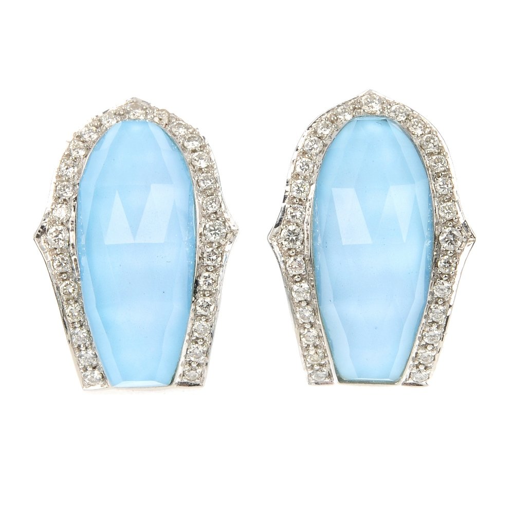STEPHEN WEBSTER - a pair of 18ct gold turquoise, rock: STEPHEN WEBSTER - a pair of 18ct gold turquoise, rock crystal and diamond 'Crystal Haze' ear studs. Each designed as a turquoise panel, with faceted rock crystal top, within a brilliant-cut diamond su