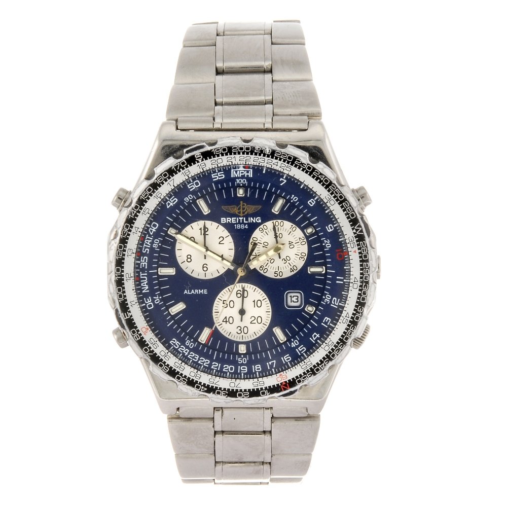 A stainless steel quartz chronograph gentleman's: BREITLING - a stainless steel quartz chronograph gentleman's Jupiter Pilot bracelet watch, the blue dial with luminous hour markers, minute track, date set to four o'clock, silvered subsidiary recorde