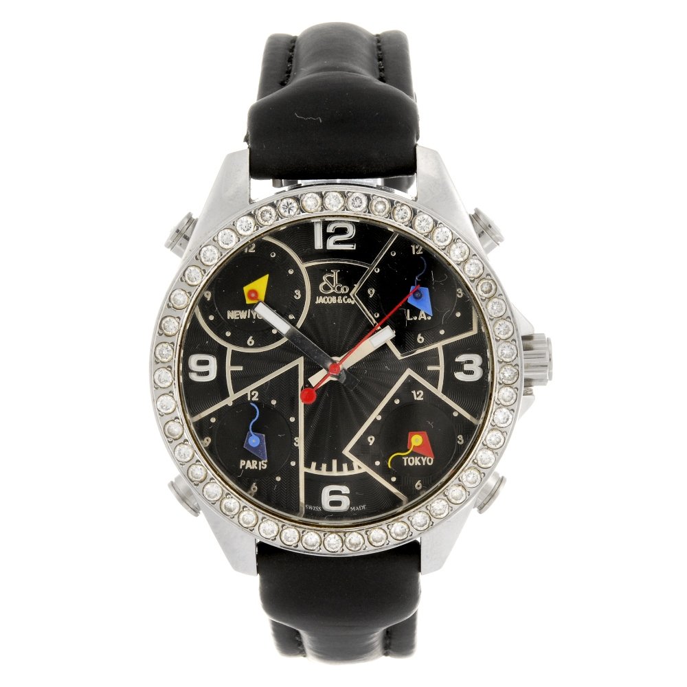 A stainless steel quartz gentleman's Jacob & Co wrist: JACOB & CO - a stainless steel quartz gentleman's Five Time Zones wrist watch, the dark grey textured dial with quarterly applied luminous Arabic numerals, subsidiary alternative time zones to two, fo