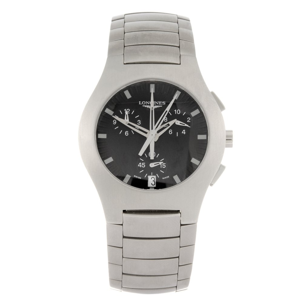A stainless steel quartz gentleman's chronograph: LONGINES - a stainless steel quartz chronograph gentleman's Oposition bracelet watch, the black dial with applied hour markers, interspaced by a minute track, date set to six o'clock, subsidiary recor
