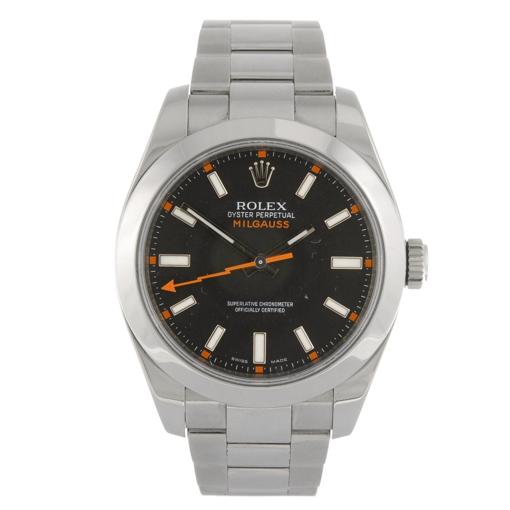 A stainless steel automatic gentleman's Rolex Milgauss: ROLEX - a stainless steel automatic gentleman's Oyster Perpetual Milgauss bracelet watch circa 2007, the black dial with hourly applied batons, bordered by a minute track with Arabic numeral divisions