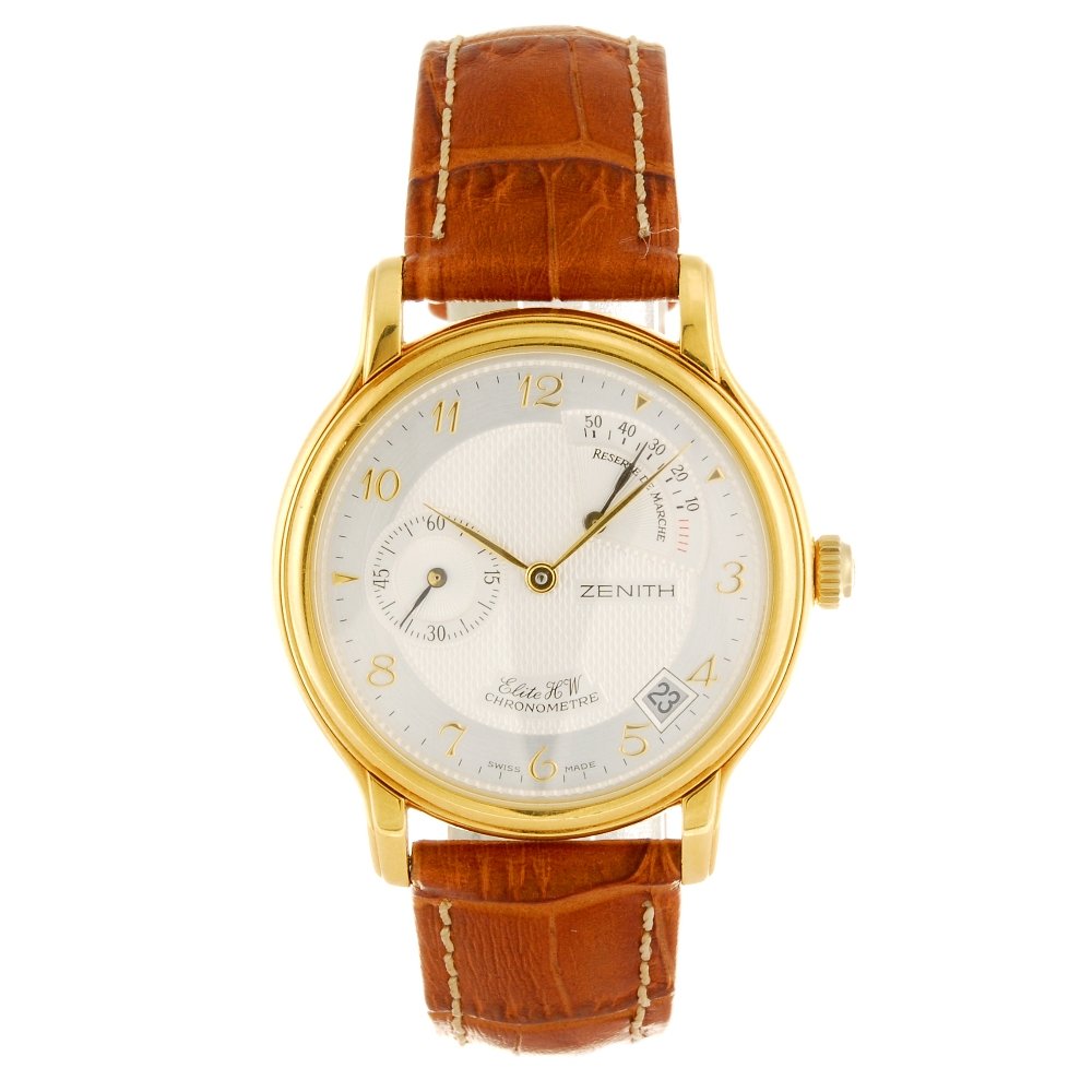 An 18k gold manual wind gentleman's Zenith Elite HW: ZENITH - an 18k gold manual wind gentleman's Elite HW wrist watch, the silvered dial with tapestry detail to the centre, hourly applied gilt Arabic numerals, power reserve indicator between twelve and