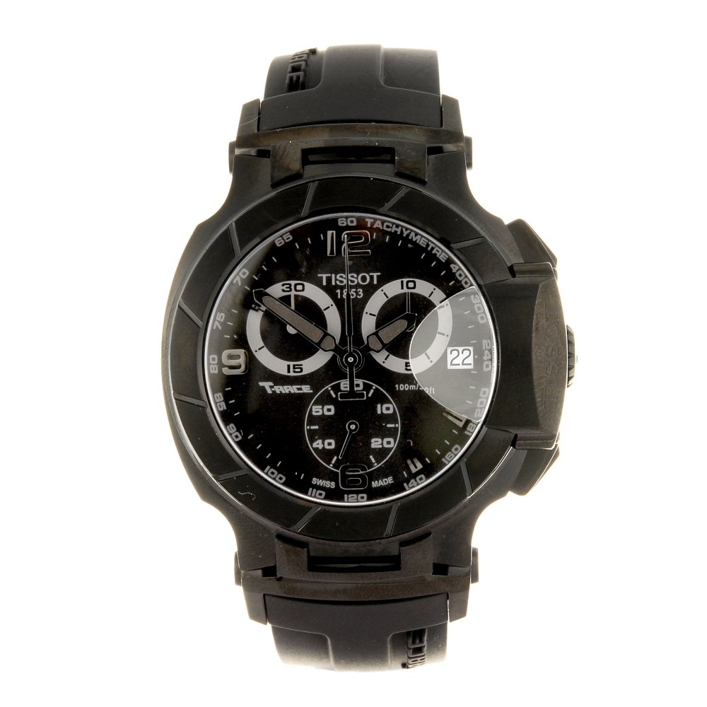 A PVD coated stainless steel quartz chronograph: TISSOT - a PVD coated stainless steel quartz chronograph gentleman's T-Race wrist watch, the black dial with quarterly Arabic numerals and applied hour markers, date set to three o'clock, subsidiary r