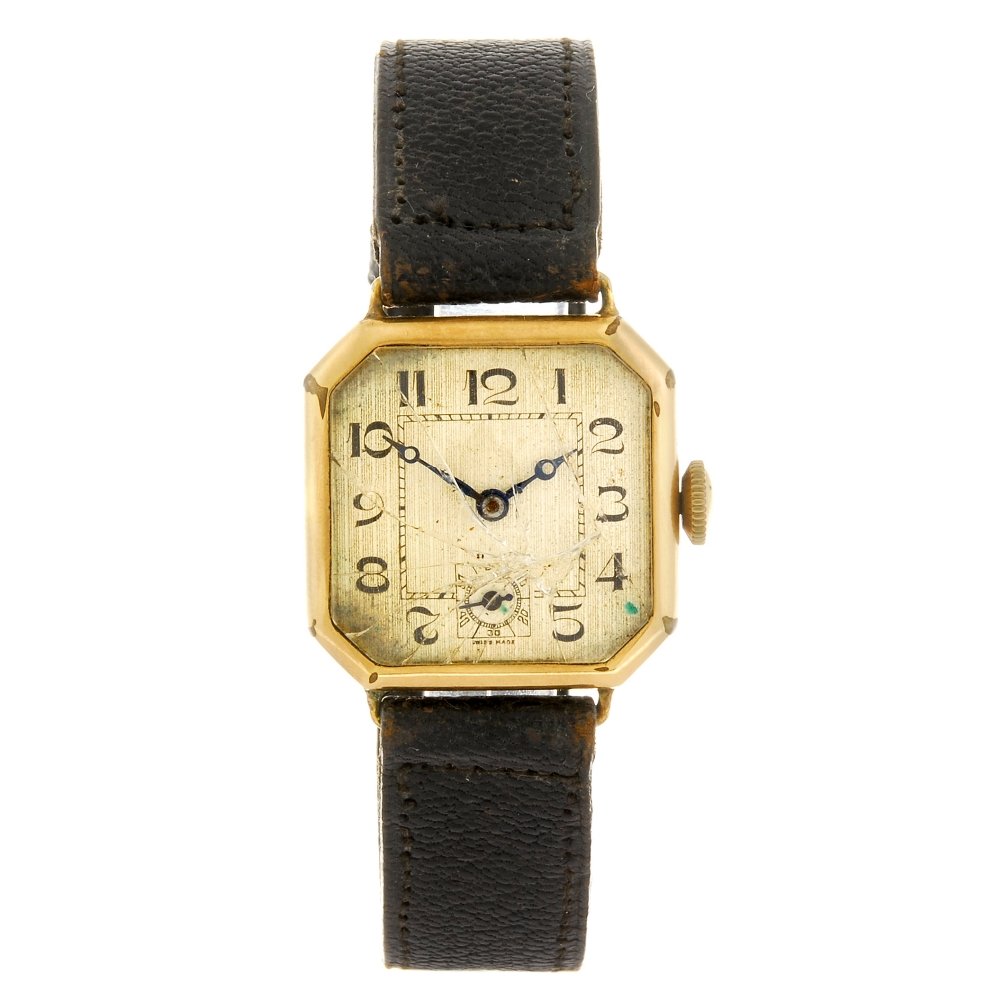 A rolled gold manual wind gentleman's wrist watch.: A rolled gold manual wind gentleman's wrist watch, the silvered dial with hourly applied black Arabic numerals, octagonal shaped case, fitted to a non-original black leather strap with pin buckle. Cas