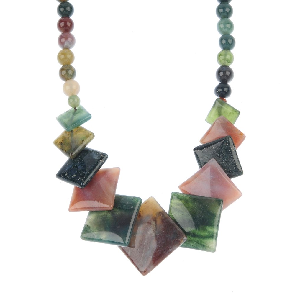 A selection of gem-set jewellery.: A selection of gem-set jewellery, to include a hard stone bead necklace, a pair of labradorite ear clips and a mother-of-pearl necklace. (20).