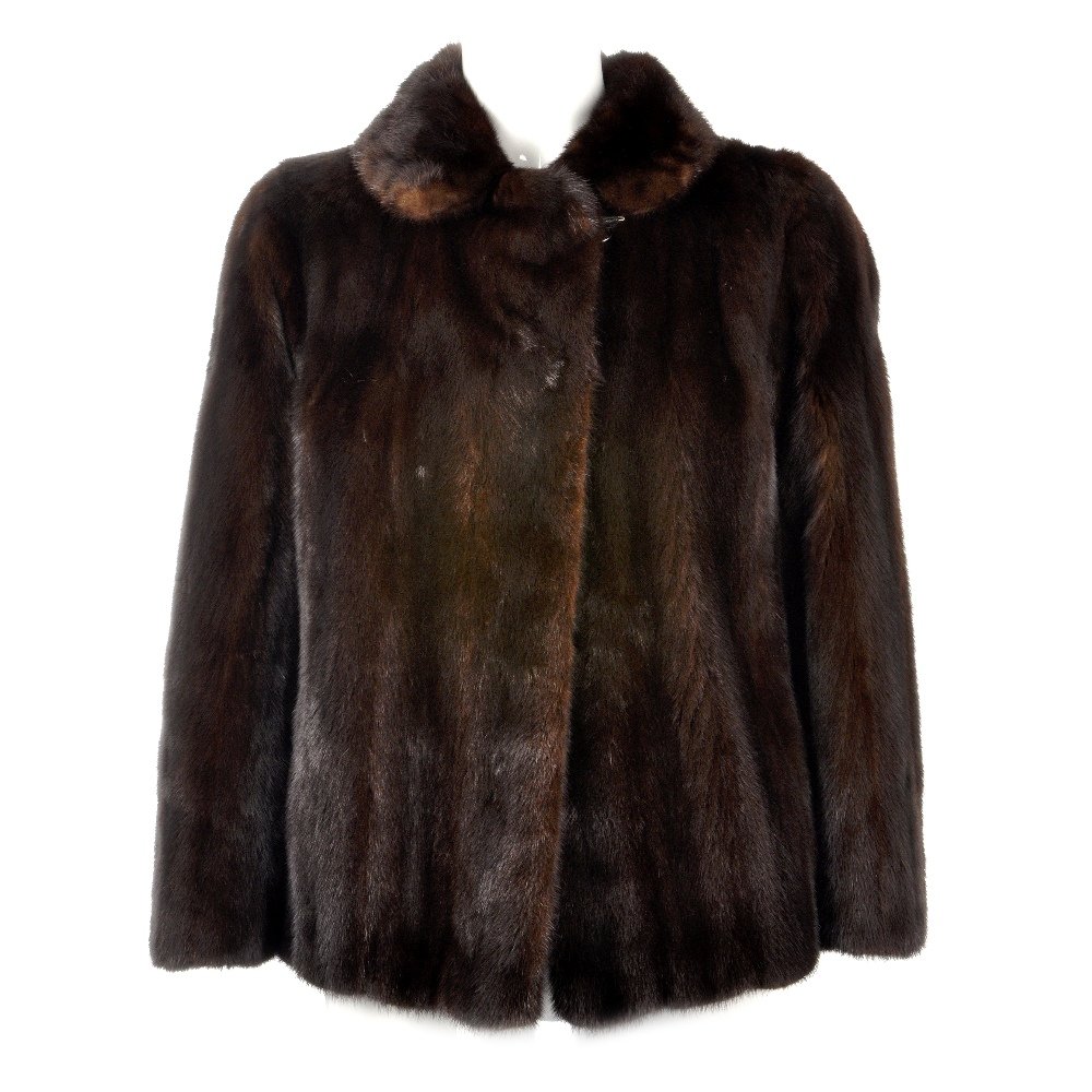 A dark ranch mink jacket.: A dark ranch mink jacket with notched lapel collar, hook and eye fastenings, two outer pockets, split cocktail cuffs and inner stitched initials. Believed to be a size 12.