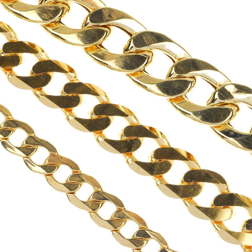 (133438) Three 9ct gold graduated curb-link bracelets.: (133438) Three 9ct gold graduated curb-link bracelets. Hallmarks for Sheffield. Lengths 21 to 22cms. Weight 68.8gms. .