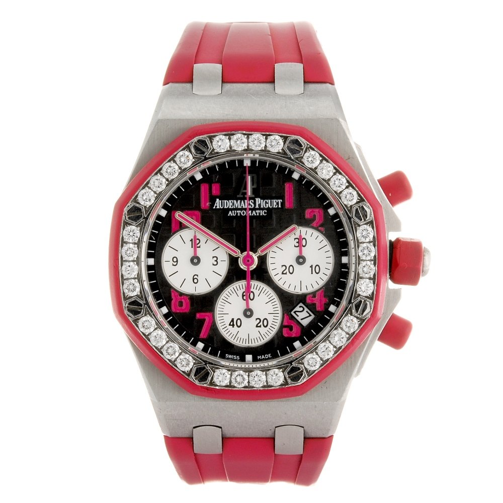 A stainless steel automatic lady's Audermars Piguet Roy: AUDEMARS PIGUET - a limited edition stainless steel automatic lady's Royal Oak Offshore LadyCat wrist watch, numbered 139/150, the black ''Tapisserie'' dial with hourly applied Arabic numerals, date a