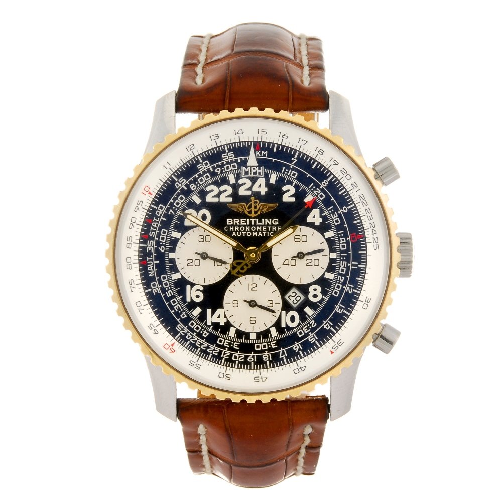 A bi-metal automatic chronograph gentleman's Breitling : BREITLING - a bi-metal automatic chronograph gentleman's Navitimer Cosmonaute wrist watch, the black dial with luminous twenty-four hour Arabic numerals, date aperture set between the eight and ten nu