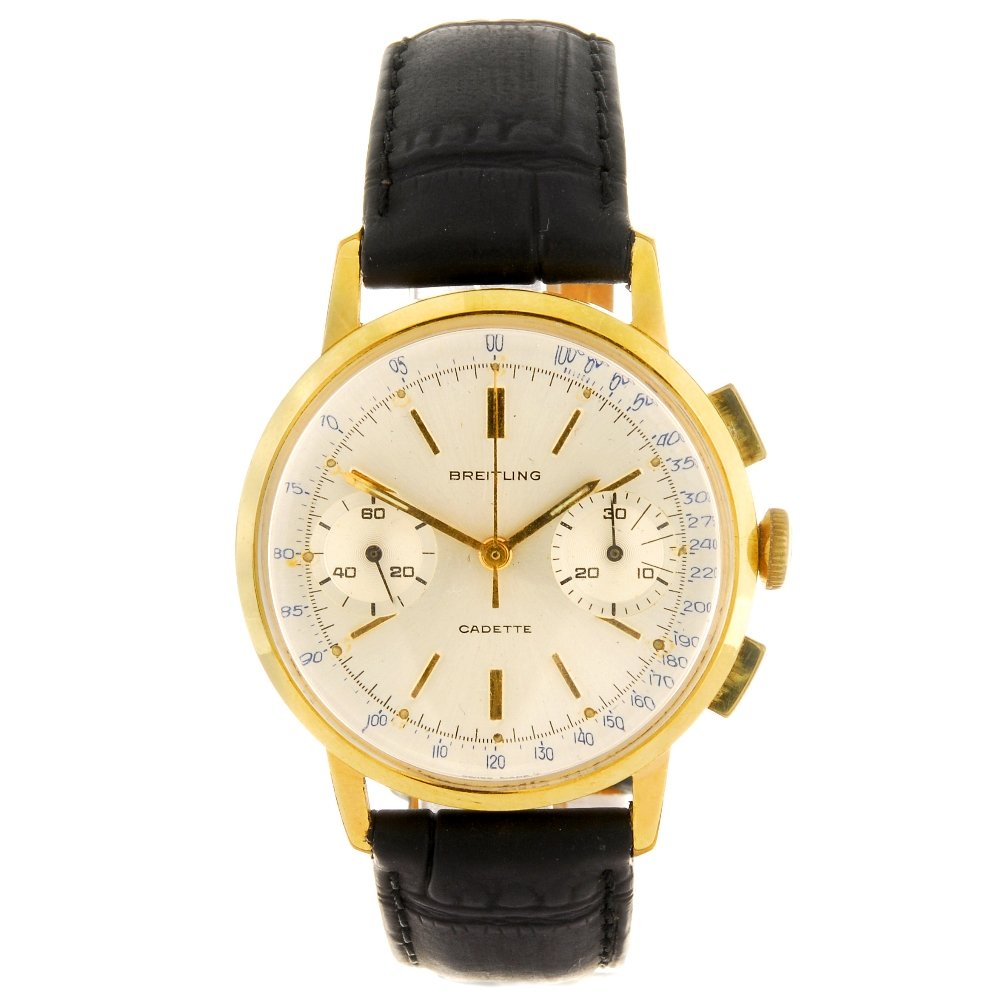 A gold plated manual wind gentleman's Breitling Cadette: BREITLING - a gold plated manual wind chronograph gentleman's Cadette wrist watch, the silvered dial with applied hour markers, subsidiary recorder dials positioned to three and nine o'clock, round ca