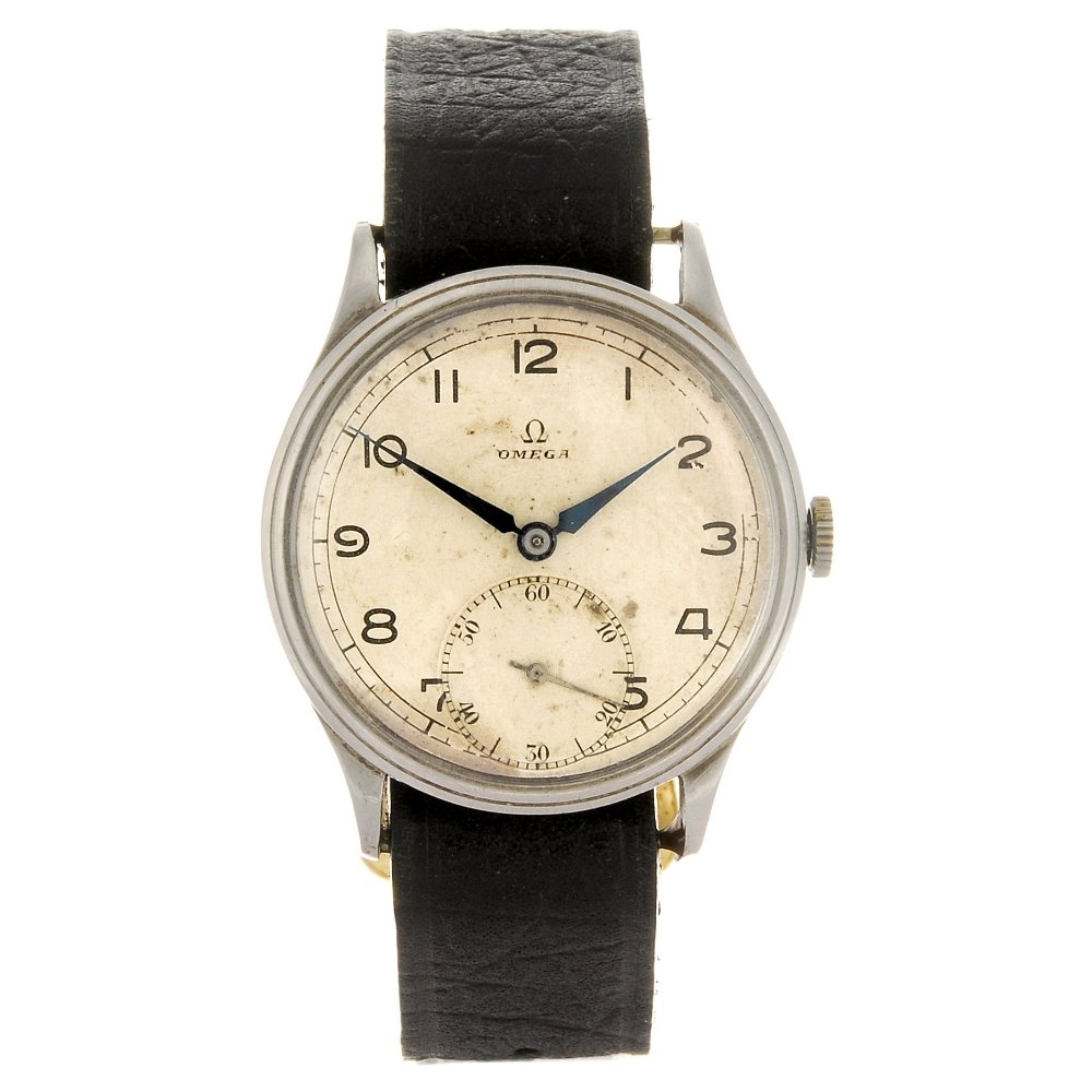 (901013193) A stainless steel manual wind gentleman's O: (901013193) OMEGA - a stainless manual wind gentleman's wrist watch, the silvered dial with hourly applied Arabic numerals, subsidiary seconds dial to six o'clock, round case, fitted to a non-original