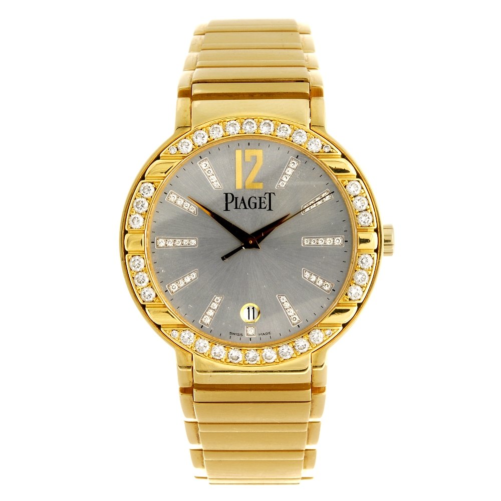 An 18k gold automatic gentleman's Piaget bracelet watch: PIAGET - an 18k gold automatic gentleman's Polo bracelet watch, the silvered sunburst effect dial with hourly applied diamond set markers, Arabic twelve, date set to six o'clock, diamond set bezel, ro