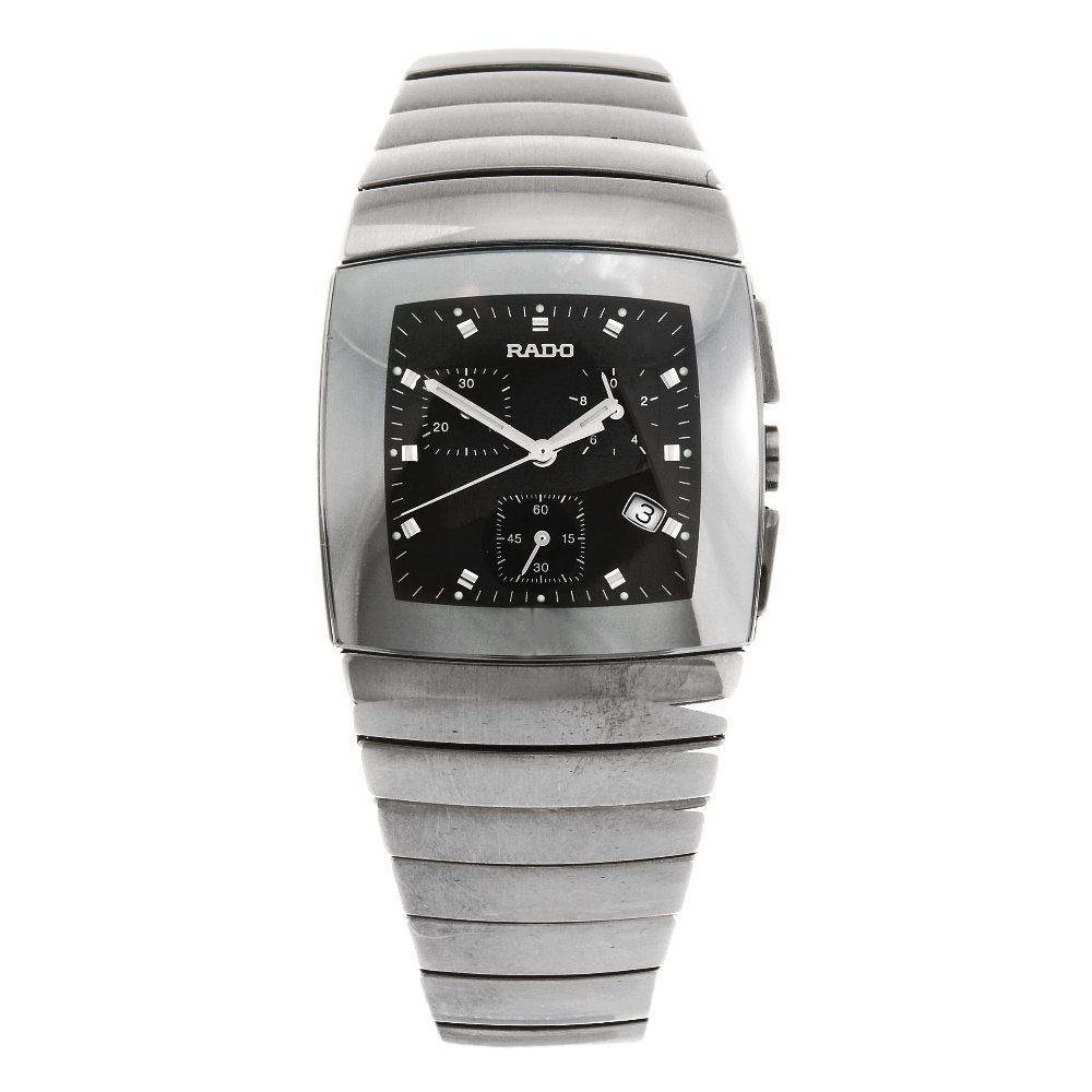 A ceramic quartz chronograph gentleman's Rado Sintra br: RADO - a ceramic quartz chronograph gentleman's Sintra bracelet watch, the black dial with hourly applied markers, bordered by a minute track, date aperture to four o'clock, subsidiary recorder dials