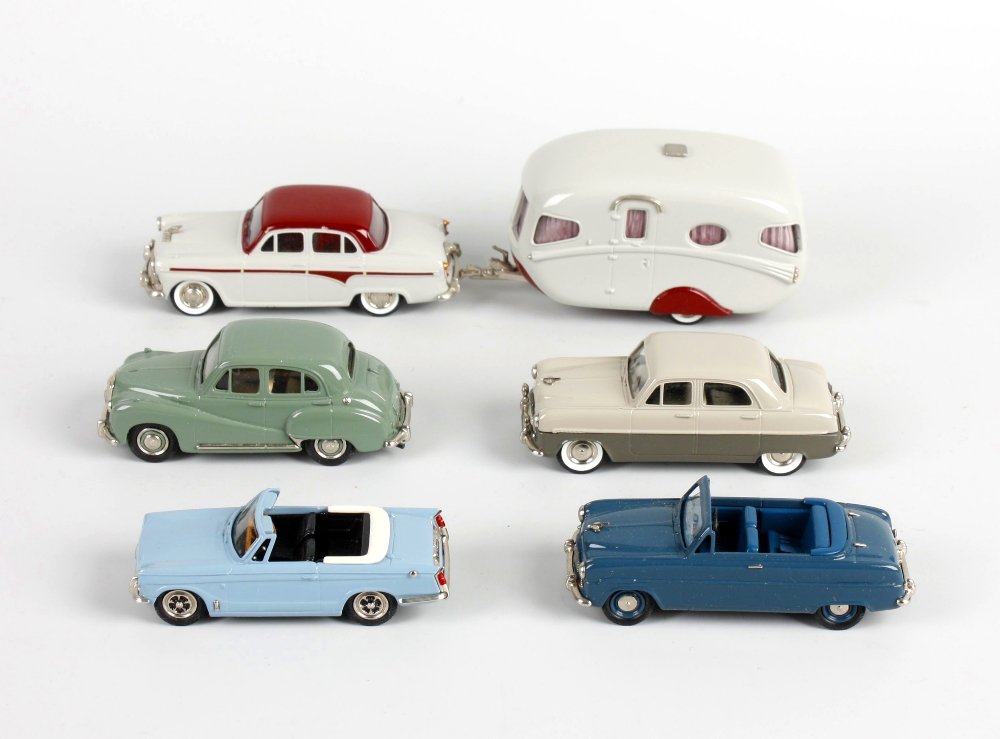Six Lansdowne 1:43 scale hand painted white metal model: Six Lansdowne 1:43 scale hand painted white metal model cars, each in original box- No. 7 1954 Ford Zephyr Zodiac (grey/green), No. 7B 1956 Ford Zephyr six convertible (blue), No. 9 1953 Austin Somers