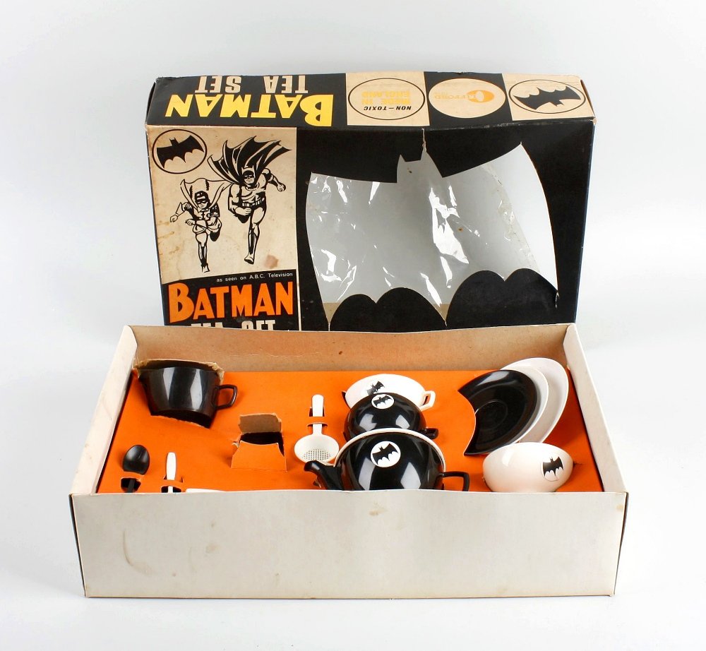 Two boxes containing a mixed selection of assorted toys: Two boxes containing a mixed selection of assorted toys to include a Clifford Toys, National Periodicals Publications Inc., 1966 non-toxic childs plastic Batman tea set in original box, a Lone Star Tr