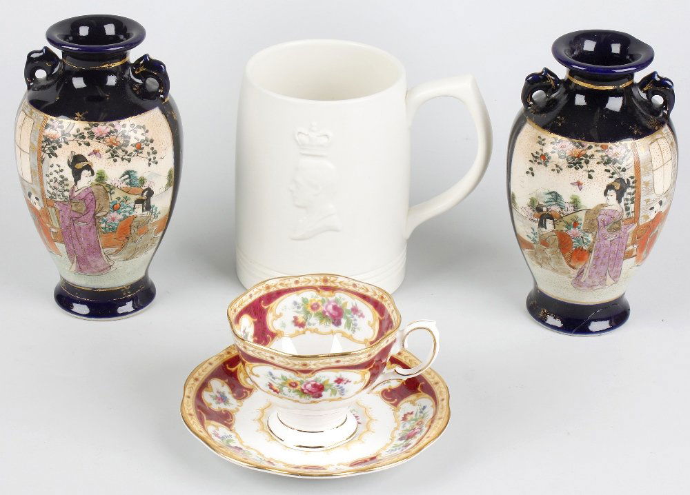 A box containing a Wedgwood mug, etc.: A box containing a Wedgwood Keith Murray white glazed King Edward VIII 1937 commemorative pottery mug, 4.75" (12cm) tall, an early 19th century Chinese blue and white lotus pattern dish (recovered fro