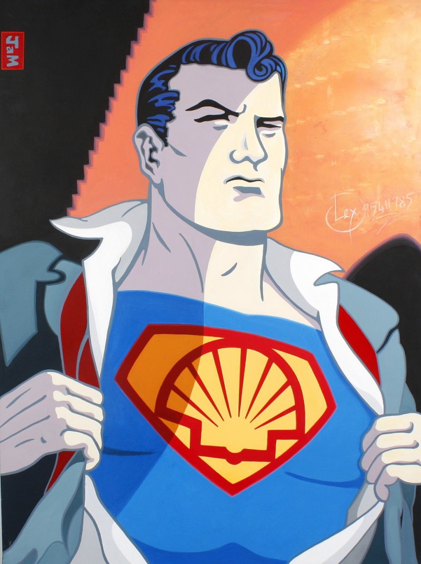 "JaM" (Contemporary): "JaM" (Contemporary). 'Supervision', Superman with shell oil logo, oil on canvas, signed upper left, entitled verso with label of Schubert Contemporary Art Gallery, 34" x 23" (86cm x 59cm), unframed.