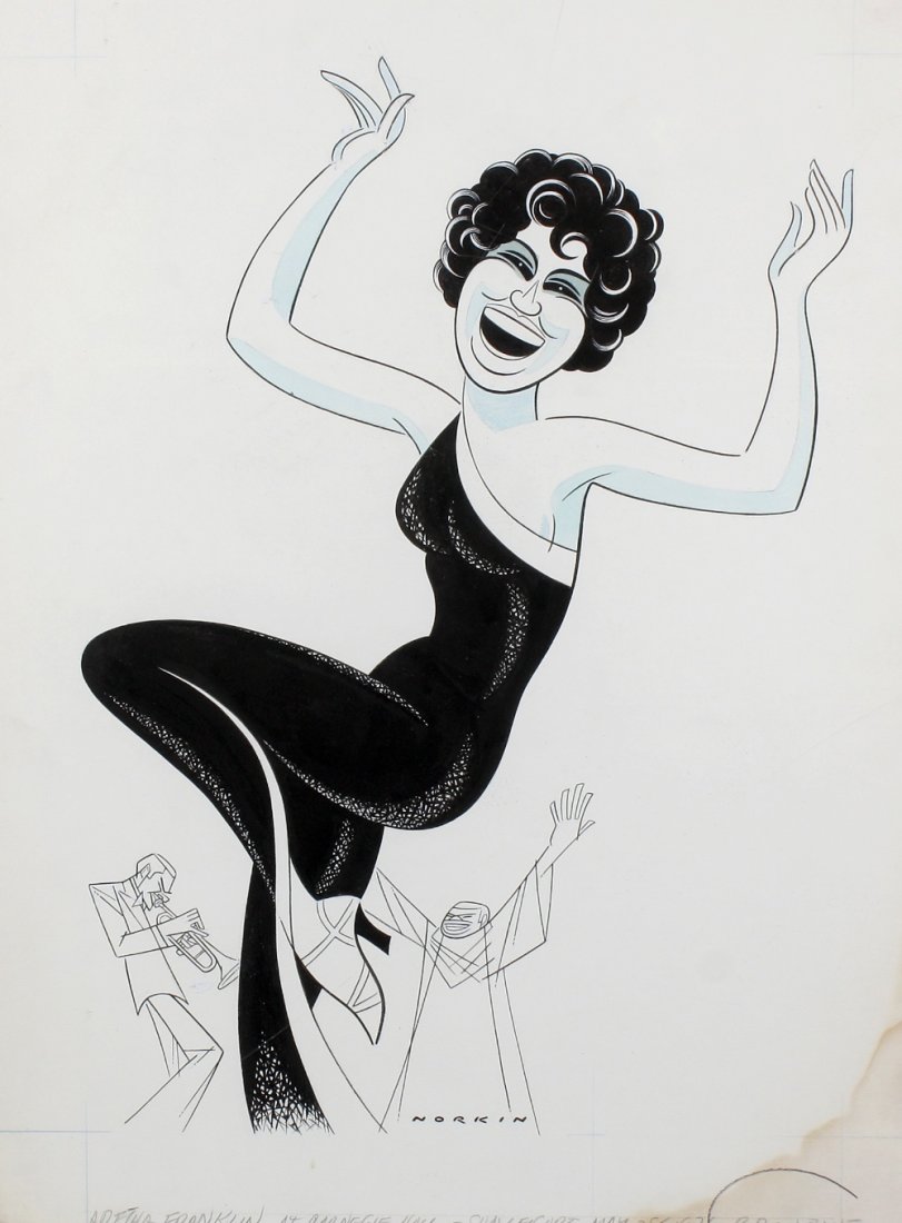 Sam Norkin (1917-2011): Sam Norkin (1917-2011)Aretha Franklin at Carnegie Hall, ink and duck egg blue wash, signed beneath, entitled in pencil and annotated "Sun Leisure May 28 1976", 19" x 14" (48cm x 36cm), in card mount,