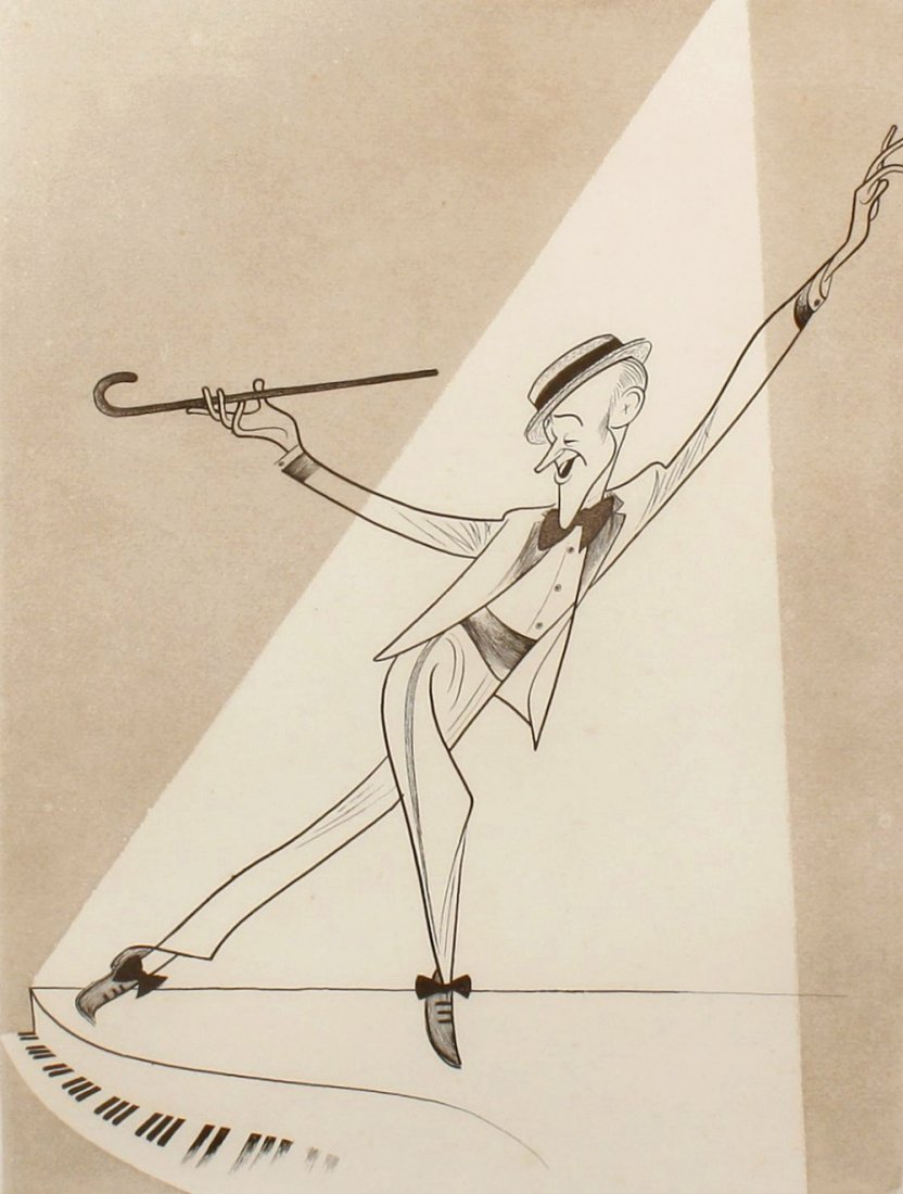 Al Hirschfeld (1903-2003): Al Hirschfeld (1903-2003) Fred Astaire, in dancing pose with cane beneath a spotlight on a piano, a limited edition print numbered 82/150 and signed lower right, plate impression size 15.5" x 11.75" (