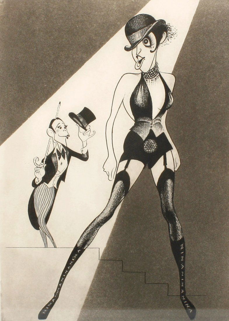 Al Hirschfeld (1903-2003): Al Hirschfeld (1903-2003).Cabaret: Liza Minnelli and Joel Grey, a signed limited edition print, numbered 116/150, signed lower right, additionally signed "Liza" by Liza Minnelli in gold pen to upper m