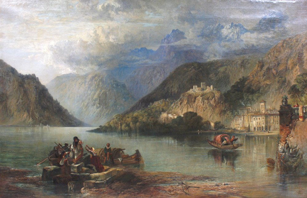 James Baker Pyne, RBA (1800-1870): James Baker Pyne, RBA (1800-1870), 'Lake of Maggiore', a large and impressive oil on canvas, figures on the shoreline beside canopied boats, porticoed buildings and hilltop ruins beyond, signed lower