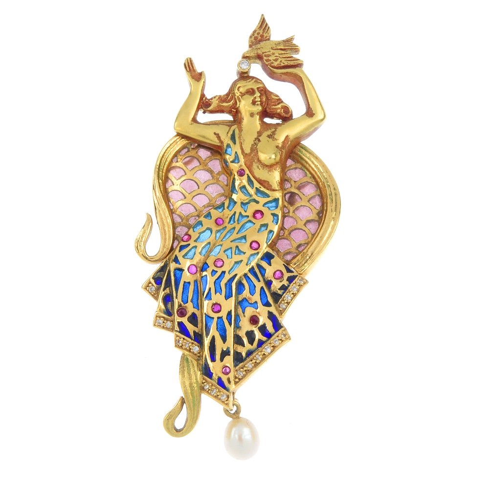 A plique-a-jour enamel and gem-set brooch.: A plique-a-jour enamel and gem-set brooch. Designed as an exposed lady holding a bird in flight, with ruby and diamond accent graduated blue enamel dress and pink enamel scrolling panel, suspending a 