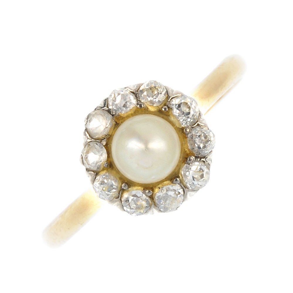 Two 18ct gold gem-set items of jewellery.: Two 18ct gold gem-set items of jewellery. To include a horse head panel stickpin with ruby eye accent, together with an early 20th century cultured pearl and old-cut diamond cluster ring. Two paste re