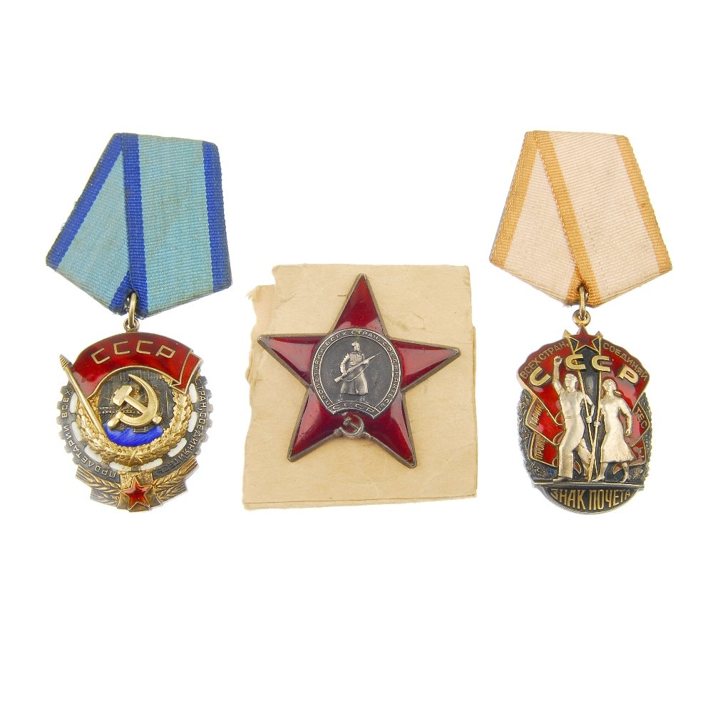 Russian, Soviet Union medals.: Russian, Soviet Union medals to include, Order of the Red Banner of Labour numbered 1147614, Order of the Red Star numbered 1547177, Order of the Badge of Honour numbered 1096611, Order of Labour Glor