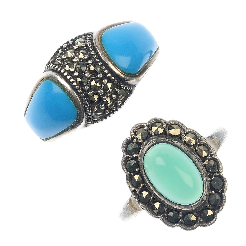 A selection of marcasite jewellery.: A selection of marcasite jewellery, to include two gem-set rings, three brooches, a heart-shape locket, three band rings, a pair of earrings, together with four parts. Some with marks to indicate silv