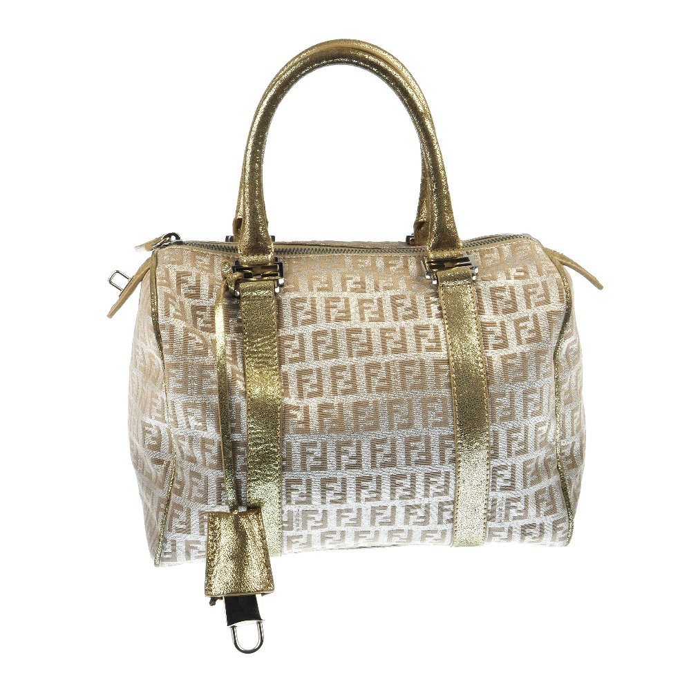 FENDI - a bag.: FENDI - a silver and gold handbag featuring classic monogram logo print canvas, leather trim, two top handles, silver-tone hardware, zip closure, one interior pocket and detachable lock and key. Measu