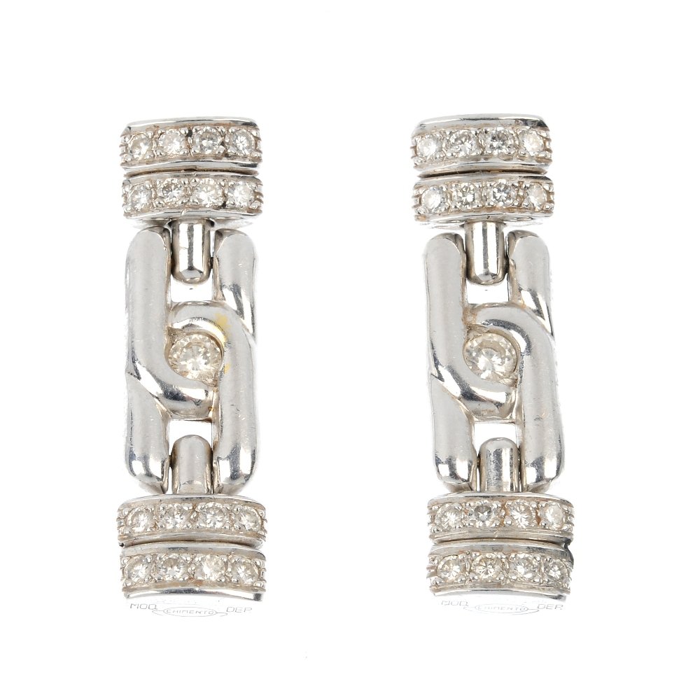 CHIMENTO - a pair of diamond ear pendants: CHIMENTO - a pair of diamond ear pendants. Each designed as a stylised chain-link panel, with brilliant-cut diamond highlight, to the similarly-cut diamond articulated terminals. Signed Chimento. Esti