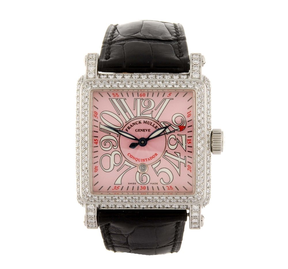 FRANCK MULLER - a gentleman's Cortez Conquistador wrist: FRANCK MULLER - a gentleman's Cortez Conquistador wrist watch. Reference 10000 M SC, numbered 140. Signed automatic calibre FM 800. Pink dial with luminous Arabic numerals, date aperture to six. Stain